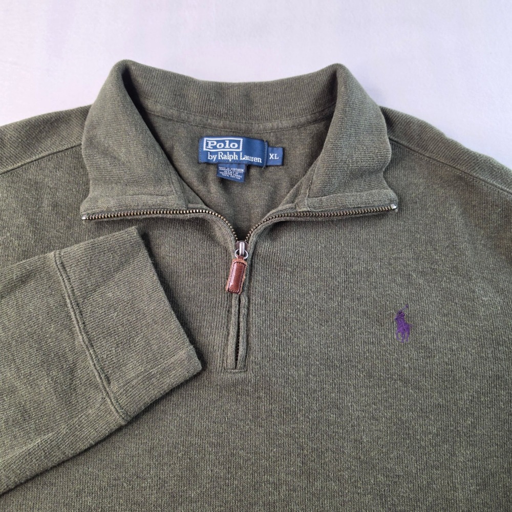 Polo Ralph Lauren 1/4 Zip Pullover Men XL Olive Green Cotton Sweater Purple Pony